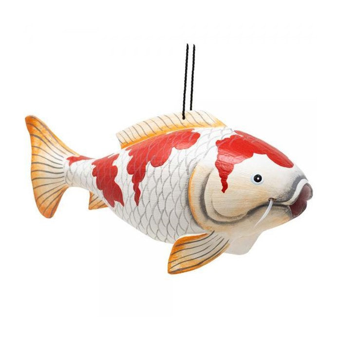 Hanging koi fish ornament with red and orange accents.