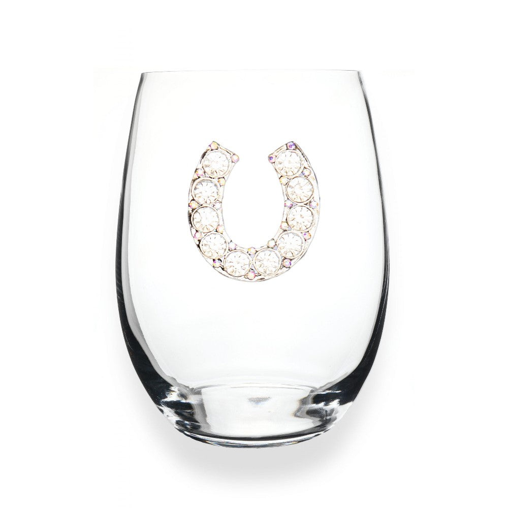Stemless wine glass with a crystal horseshoe design.