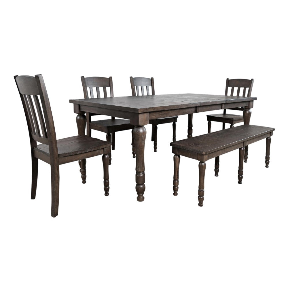 Wooden dining table set with four chairs and a bench.