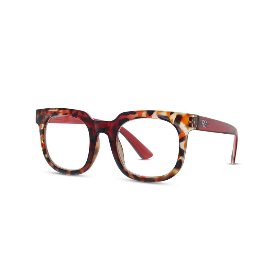 Tortoise shell square glasses with red accents.