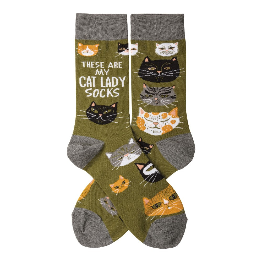 Olive cat-themed socks with "CAT LADY SOCKS" text.