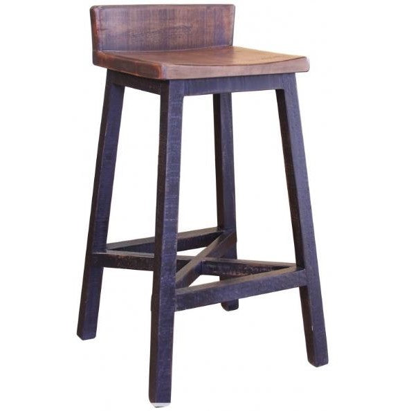 Wooden bar stool with a square seat and backrest.
