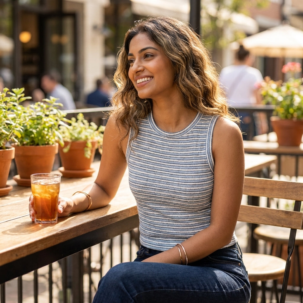 Smiling woman with iced tea at an outdoor café table.
