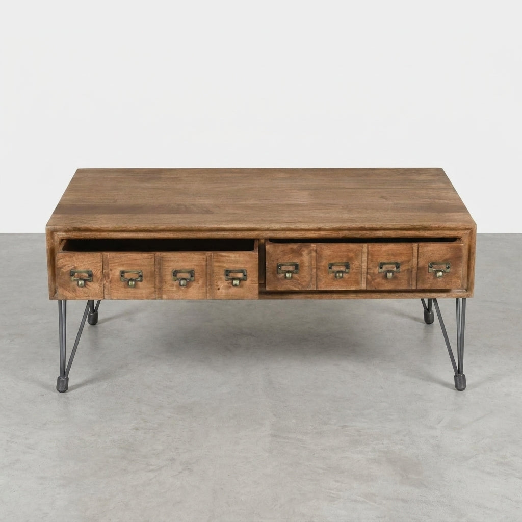 Wooden coffee table with metal legs and multiple small drawers.