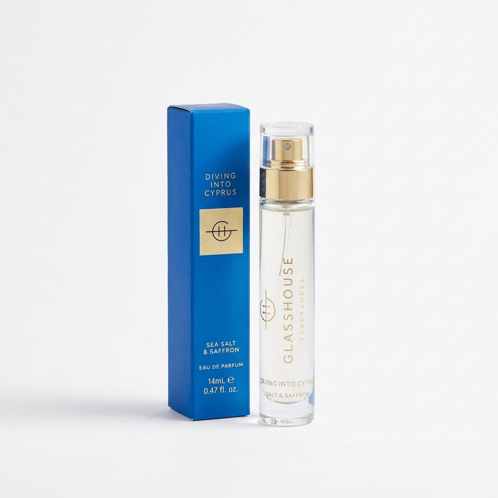 Perfume bottle and box, "Diving Into Cyprus" by Glasshouse Fragrances.