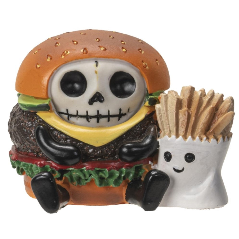 Burger skeleton figure with fries, playful and quirky design.
