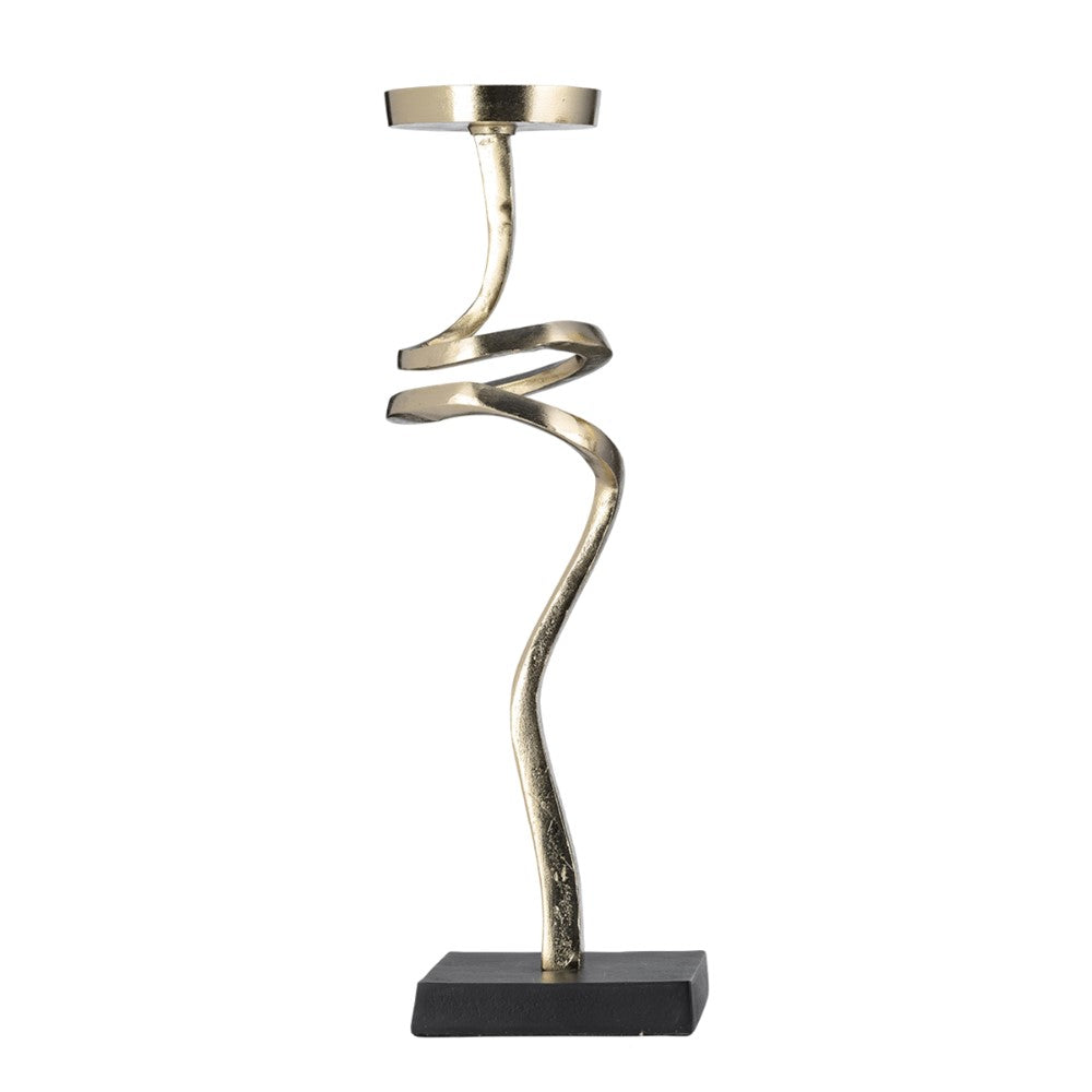 Gold twisted candle holder on a black base.
