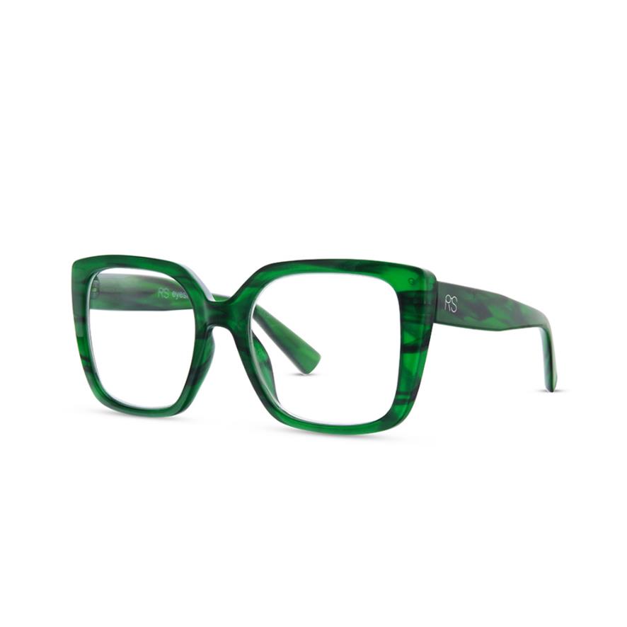 Green square-frame eyeglasses with a marbled pattern.