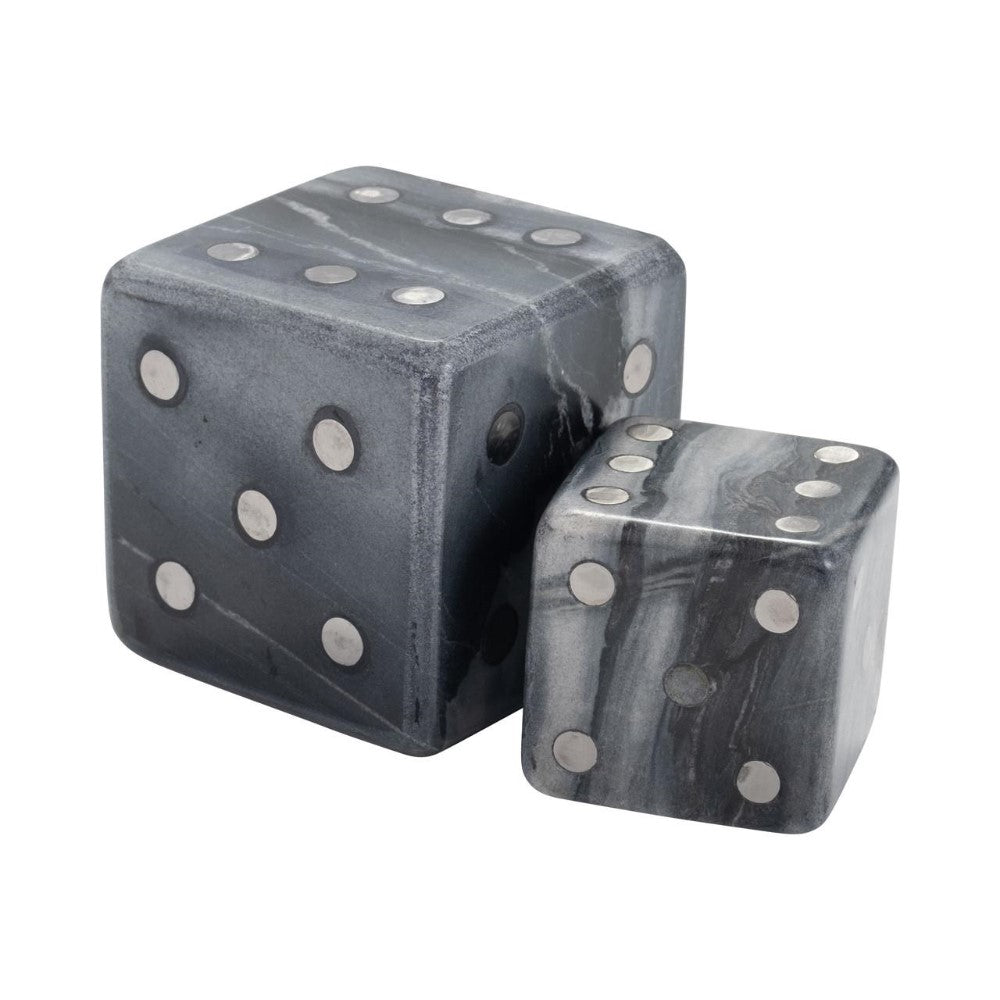 Two gray marbled dice with silver dots, one larger than the other.