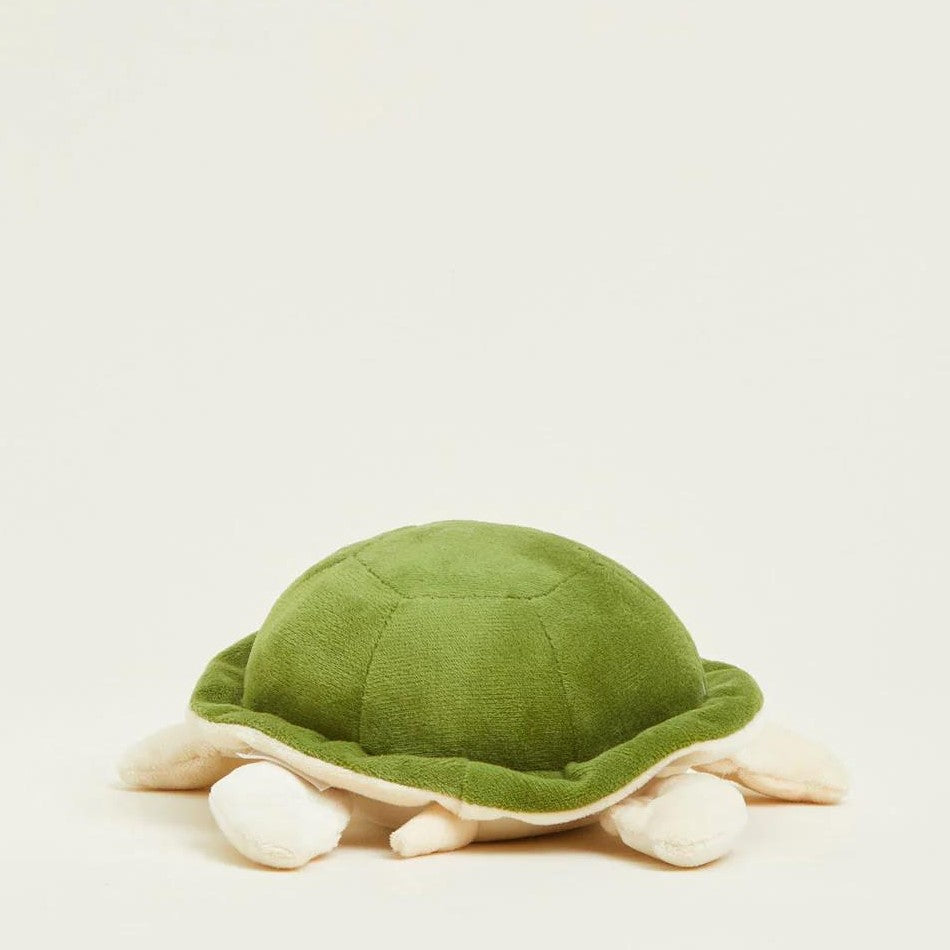 Plush green turtle toy on a light background.