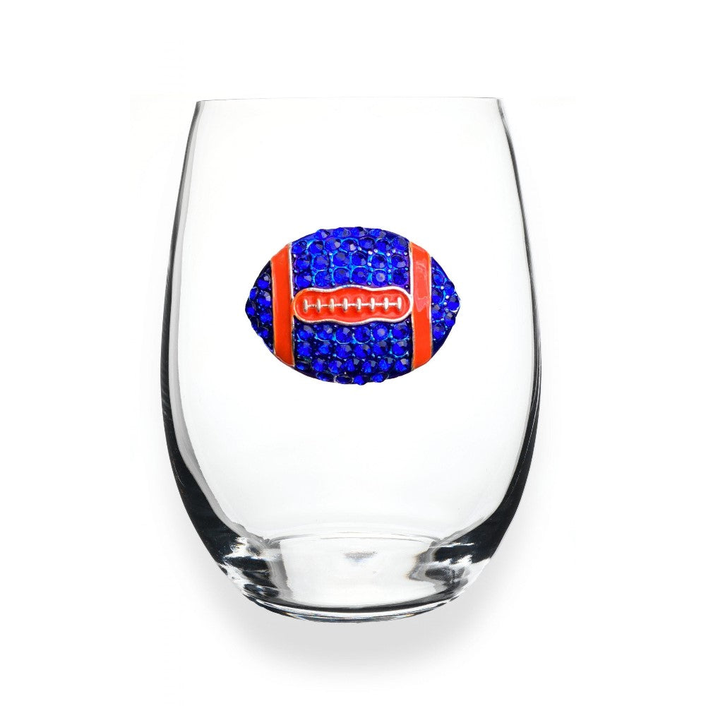Stemless wine glass with a blue and red jeweled football design.