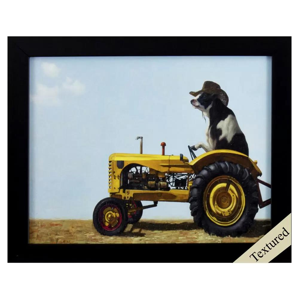Dog in a hat sitting on a yellow tractor.