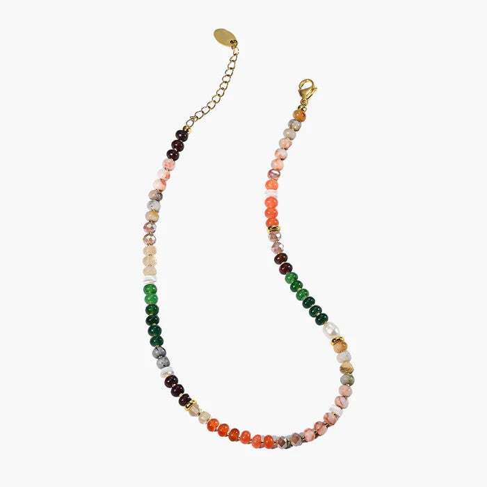 Colorful beaded necklace with gold accents.