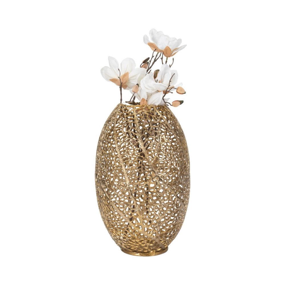 Elegant gold lattice vase with white flowers.
