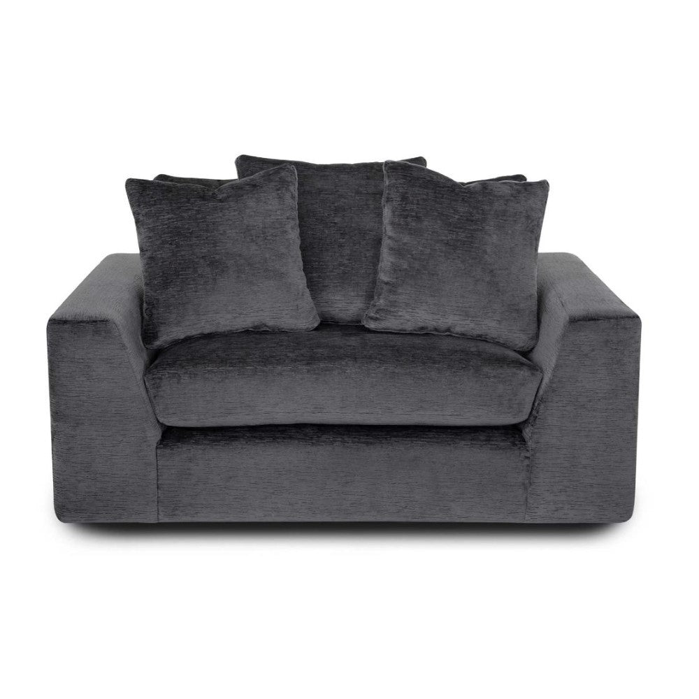 Gray loveseat with three plush pillows.