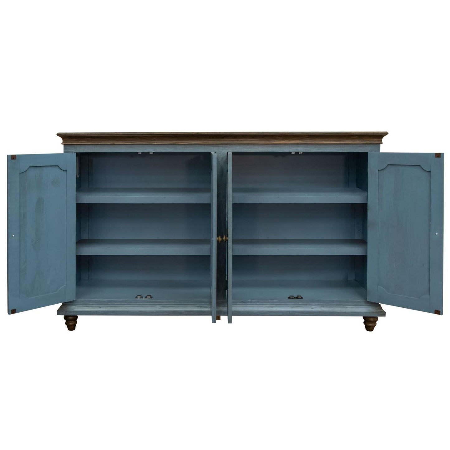 Blue wooden sideboard with four doors and brown top.