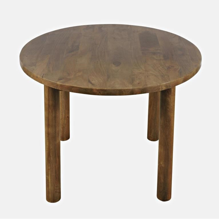 Round wooden table with a smooth finish.