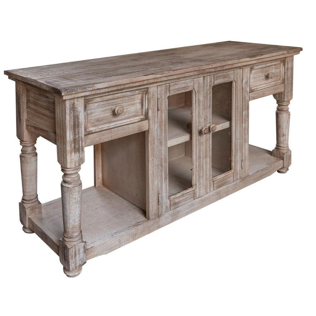 Rustic wooden buffet with drawers, glass doors, and a lower shelf.