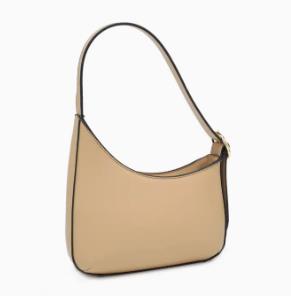 Beige handbag with black trim and a curved strap.