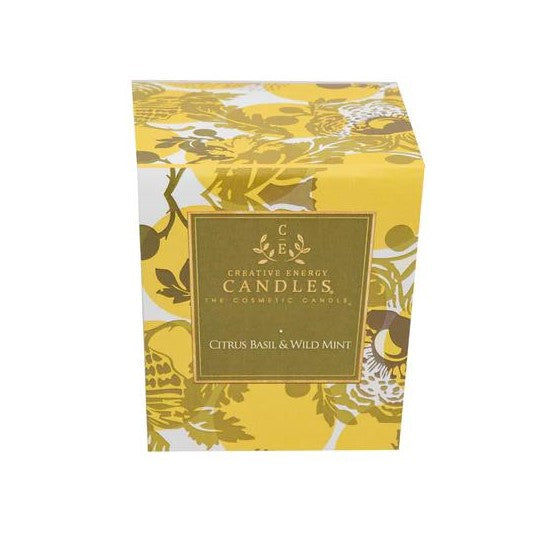 Yellow floral box of Citrus Basil & Wild Mint candle.