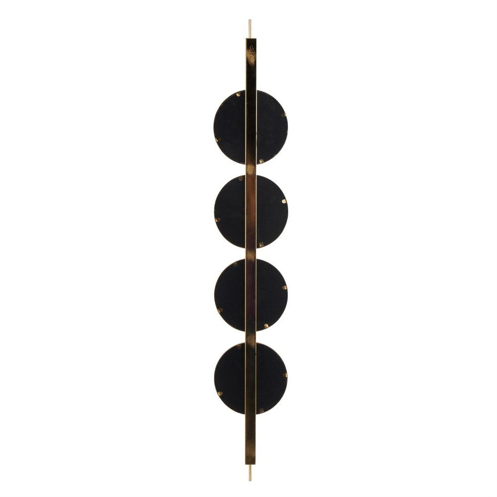 Vertical rod with four black discs aligned.