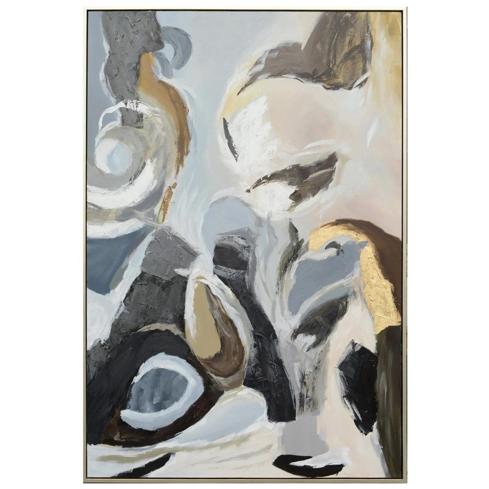 Abstract painting with swirling earth tones and layered textures.