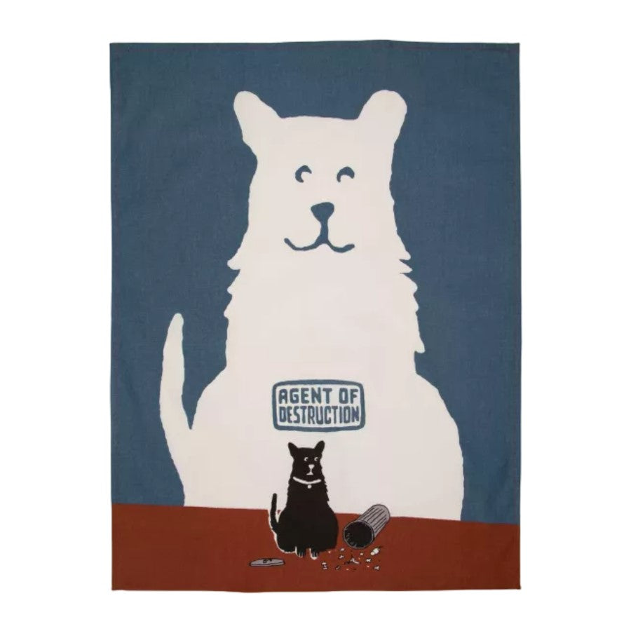 Cartoon cat labeled "Agent of Destruction," next to spilled items.