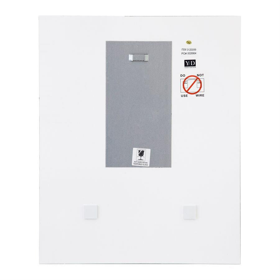 Back view of a white picture frame with wall mount hooks.