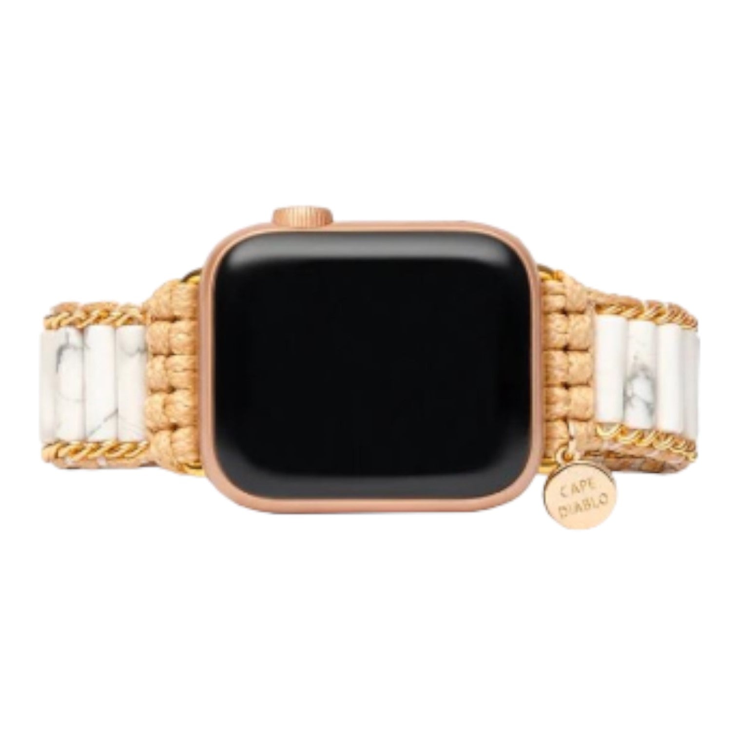 Smartwatch with a woven band, marble accents, and a gold charm.