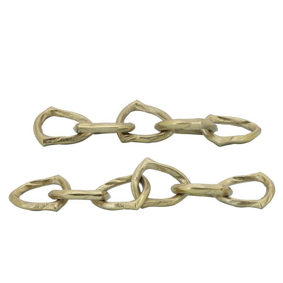 Two brass chains with irregular, geometric links.