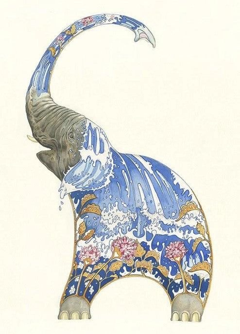 Illustration of an elephant with waves and flowers on its body.