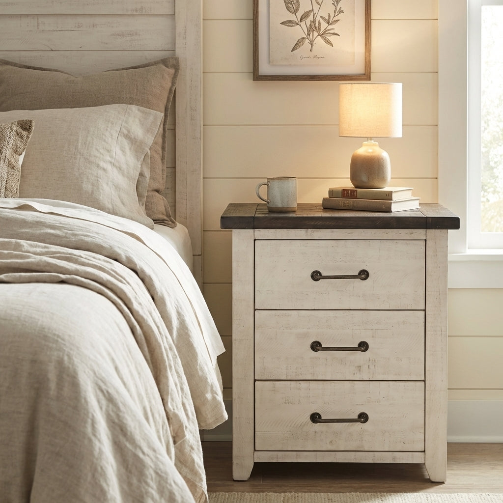 Three-drawer rustic nightstand with a dark wood top.