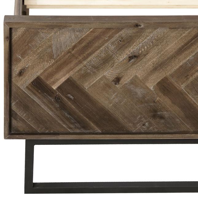 Wooden panel with herringbone pattern and metal frame.