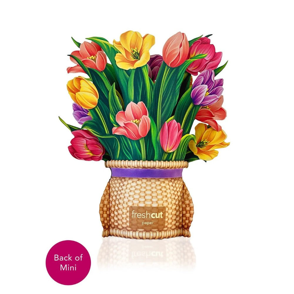 Colorful tulips in a woven basket design, labeled "freshcut paper."