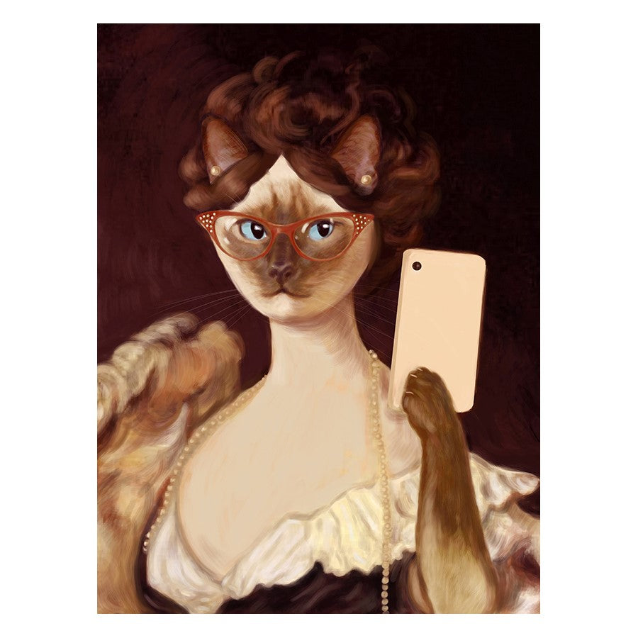 Cat with glasses takes a selfie in vintage attire.