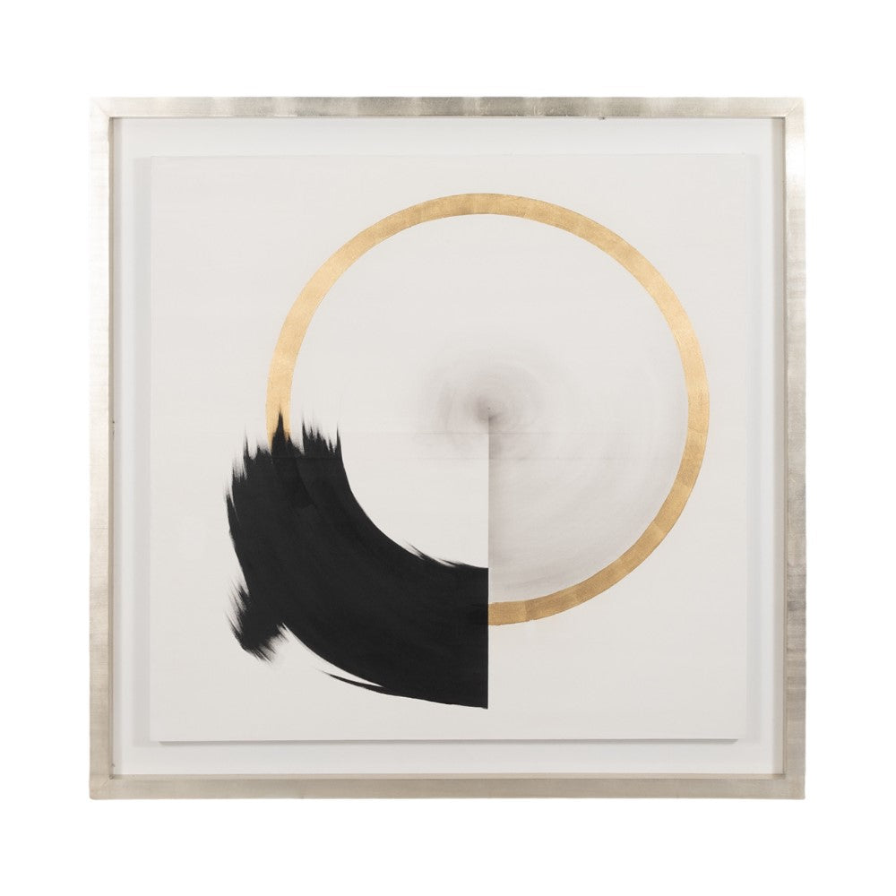 Abstract art: gold circle with black and white brush strokes.