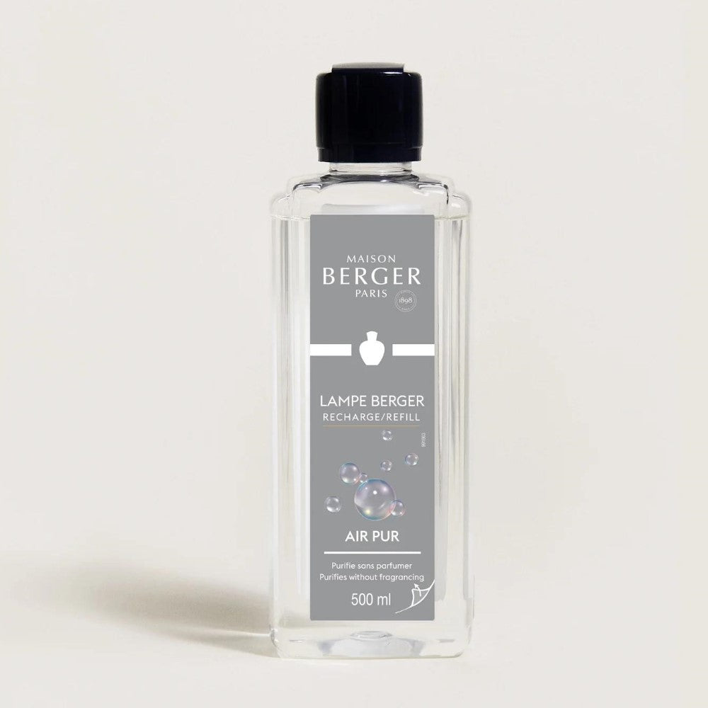 Clear bottle of Lampe Berger Air Pur refill, 500 ml capacity.