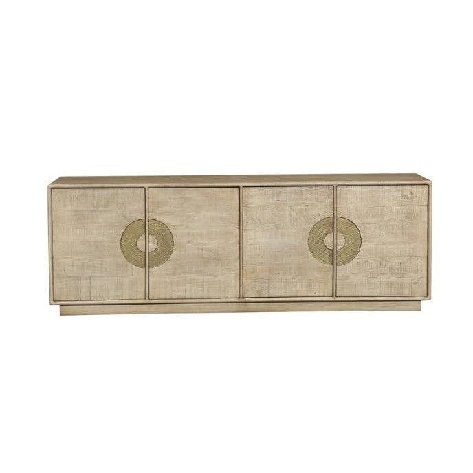 Wooden sideboard with circular metal handle accents.
