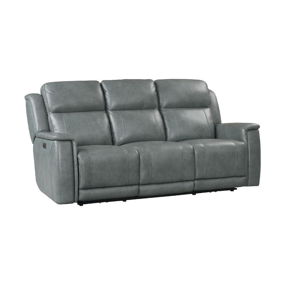Gray leather reclining sofa with cushioned seats.