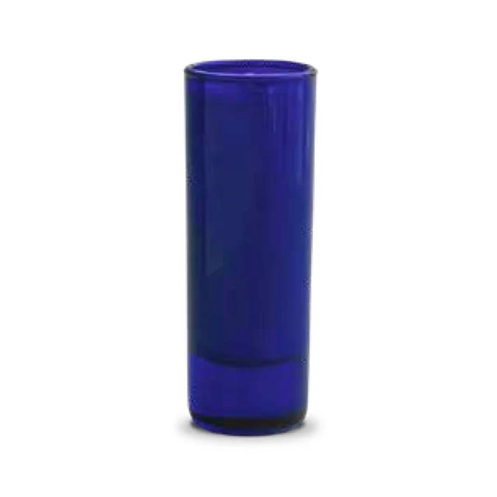Tall blue glass vase with a cylindrical shape.