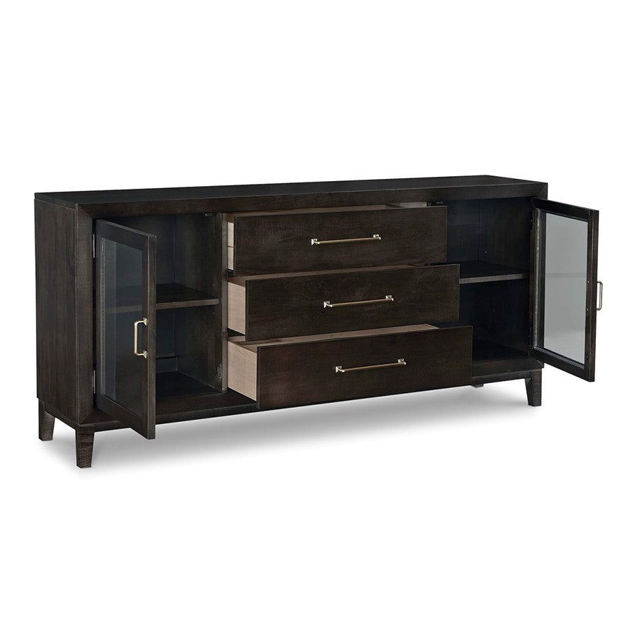 Dark wood sideboard with open drawers and glass cabinet doors.