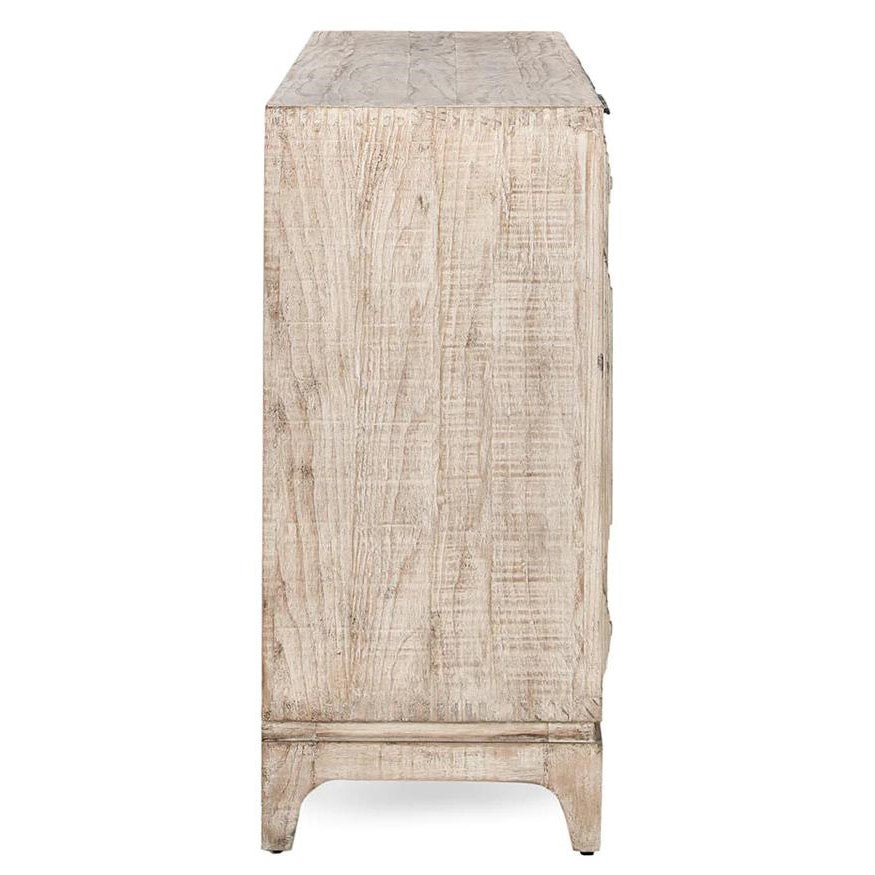 Side view of a textured, light wood cabinet.