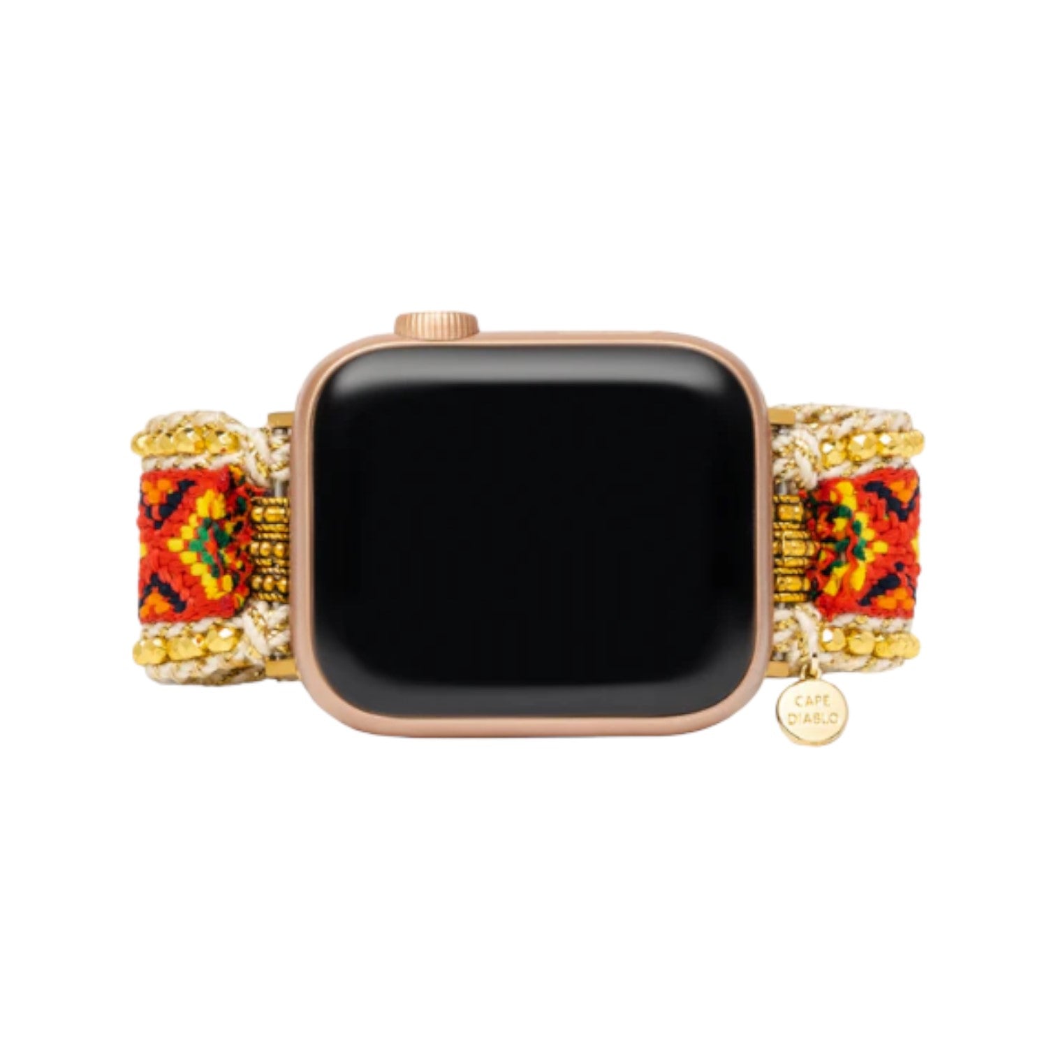 Smartwatch with intricate beaded band in red, orange, gold, and green patterns.