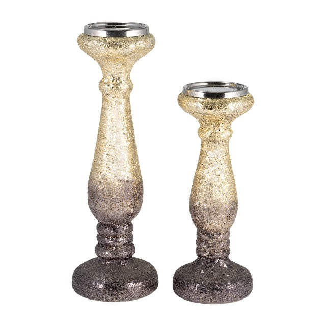 Two sparkly gold and brown candle holders of different heights.