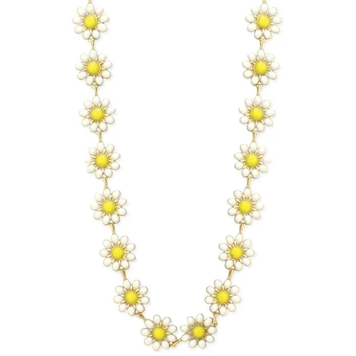 Necklace with daisy-shaped pendants and yellow centers.
