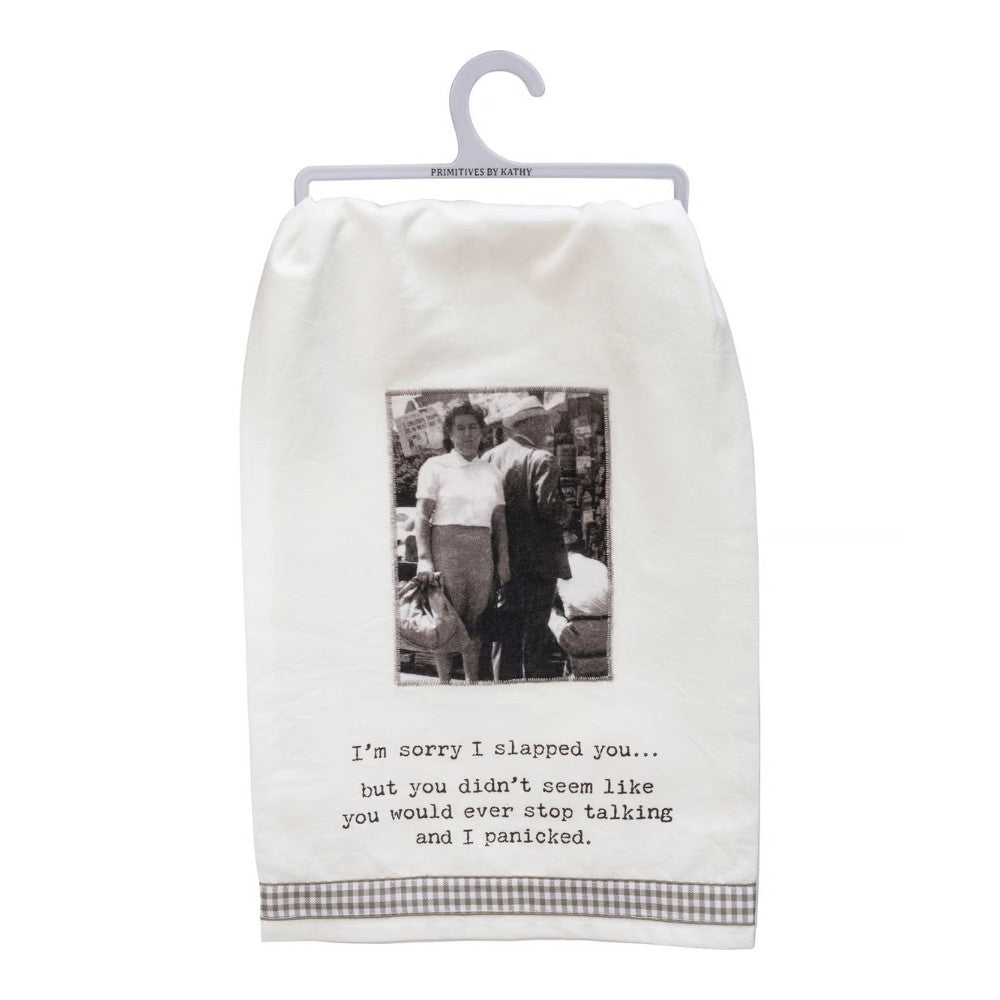 A humorous towel with a vintage photo and witty text.