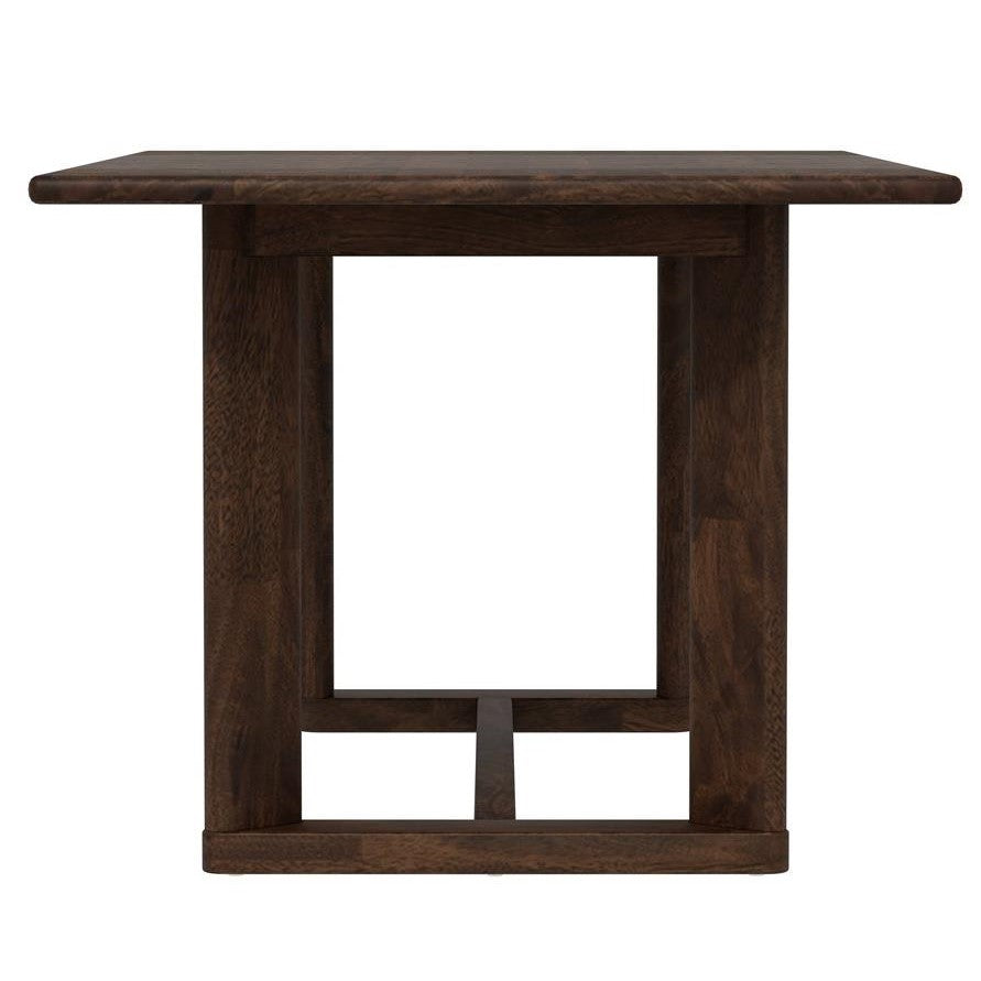 Dark wooden square table with minimalist design.