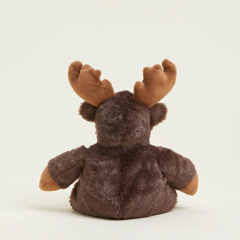 Fluffy moose plush toy with big brown antlers.