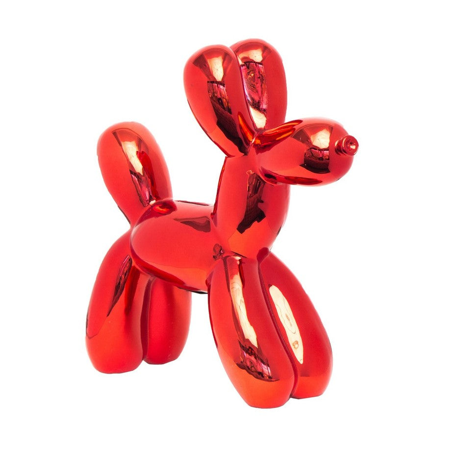 Shiny red balloon dog sculpture.