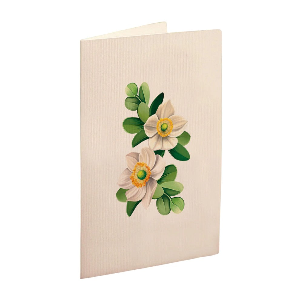 Cream card with two floral designs and green leaves.